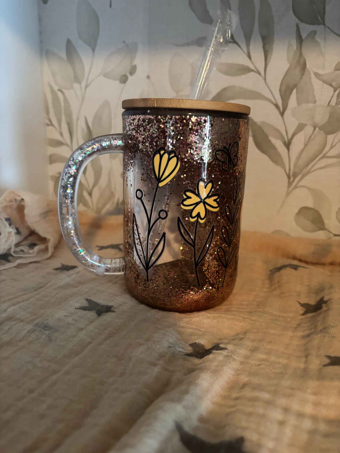 Mama Floral Glitter-12oz Glass Mug