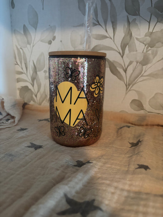 Mama Floral Glitter-12oz Glass Mug